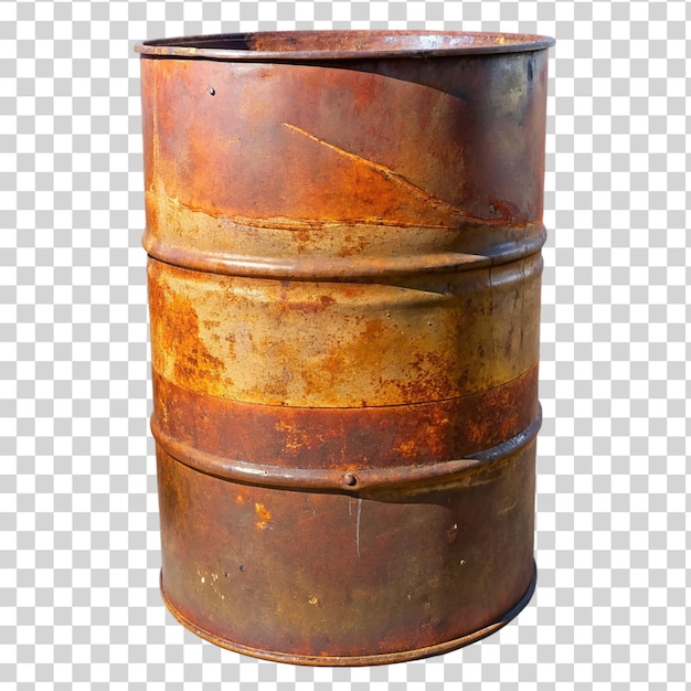 PSD rusty old metal barrel isolated on transparent background