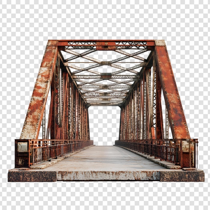 PSD rusty old metal bridge structure isolated on white background