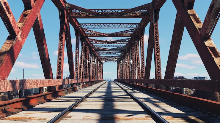 PSD rusty railway bridge extending to horizon under blue sky