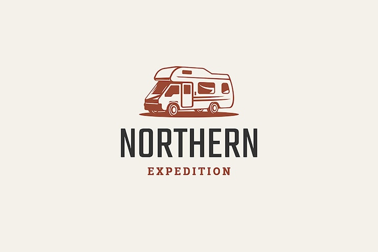 PSD rv camper bus van camping summer trip travel expedition logo design template isometric
