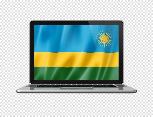 Rwanda flag on laptop screen isolated on white 3D illustration