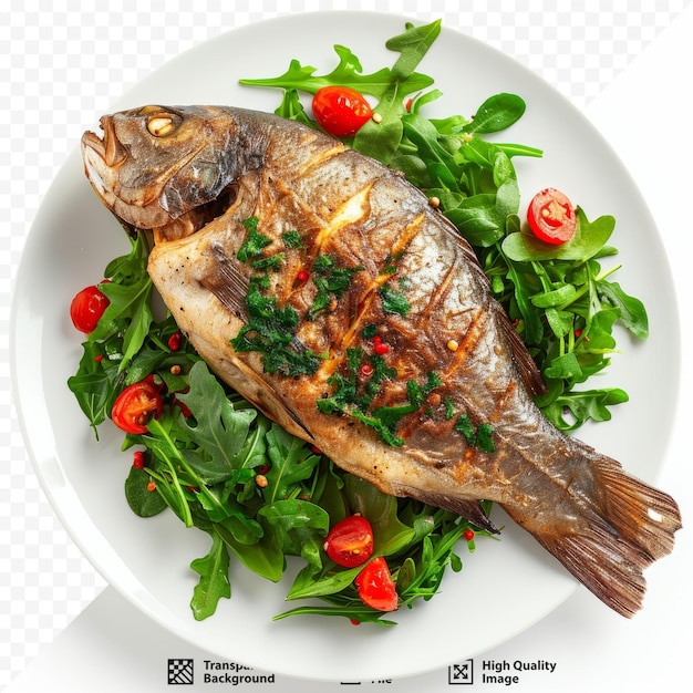 PSD ryby pieczone z warzywami na talerzu izolowanym na białym izolowanym tle