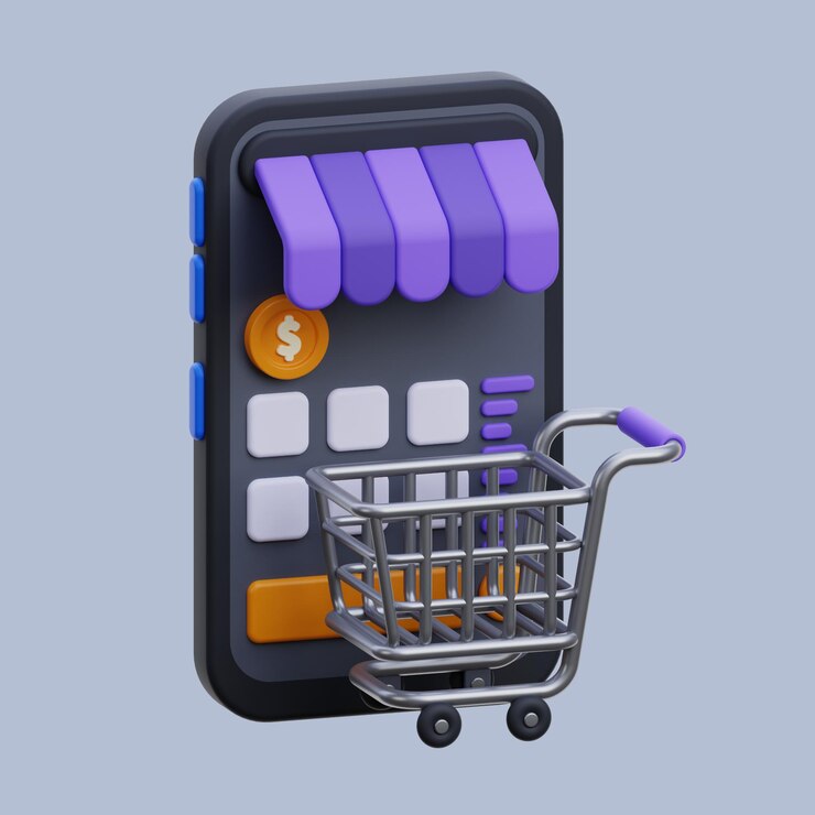 PSD rynek internetowy ikona 3d sklep internetowy renderowanie 3d zakupy online na mobilnej ilustracji 3d zakupy online w aplikacji na smartfony