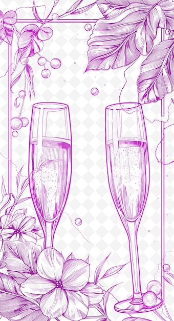 PSD rysunek dwóch kieliszków szampana z kwiatami i liśćmi