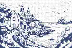 PSD rysunek kościoła na plaży z kościołem na szczycie