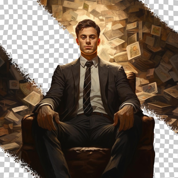 PSD rysunek mężczyzny w garniturze i krawacie siedzącego na krześle z książkami w tle.