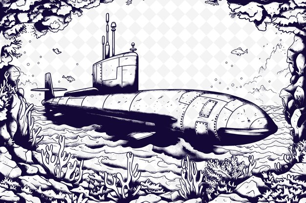 PSD rysunek okrętu podwodnego w wodzie z słowami okręt podwodny na dnie
