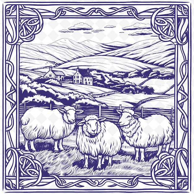 PSD rysunek owcy przed domem z białym domem na tle
