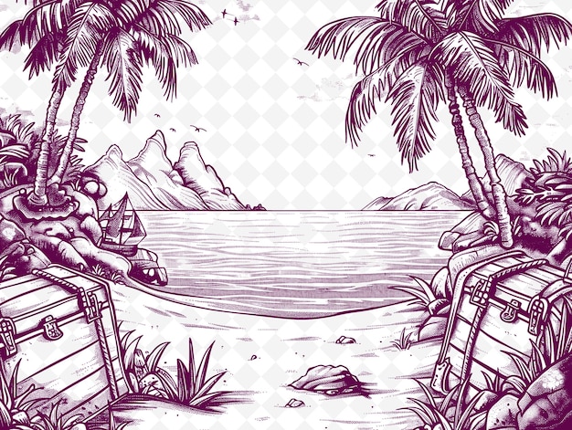 Rysunek Sceny Plażowej Z Drzewami Palmowymi I Człowiekiem Siedzącym Na Drewnianym Pokładzie