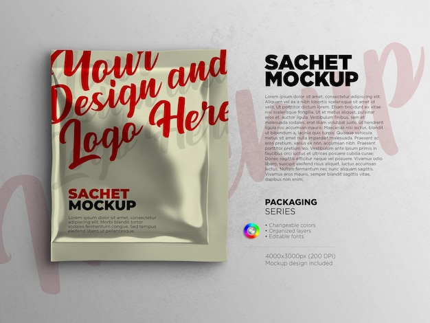 PSD sachet packaging mockup in 3d rendering