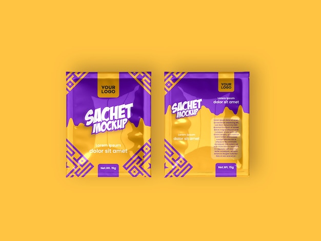 Sachet packaging mockup with yellow background easy to use