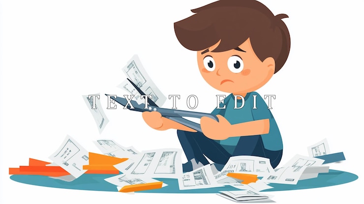 PSD sad boy cutting papers overwhelmed by paperwork