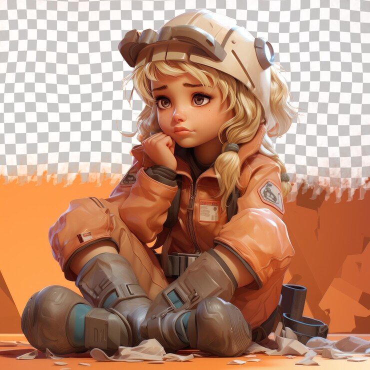 PSD a sad child girl with blonde hair from the asian ethnicity dressed in mechanical engineer attire poses in a leaning forward with elbows on knees style against a pastel peach background