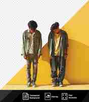 PSD sad dark haired guy with his head down and friend standing in front of a yellow wall png psd