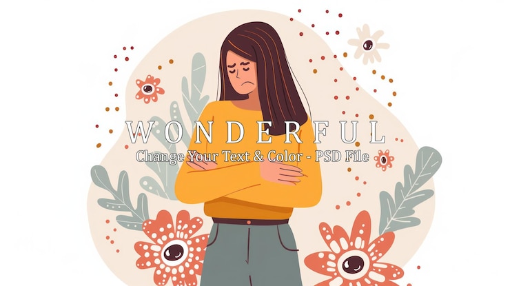 PSD sad girl with floral background
