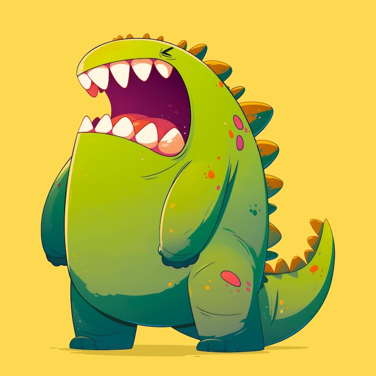 PSD sad green dino monster cartoon character