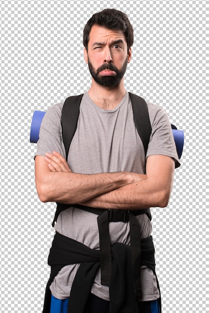Sad handsome backpacker
