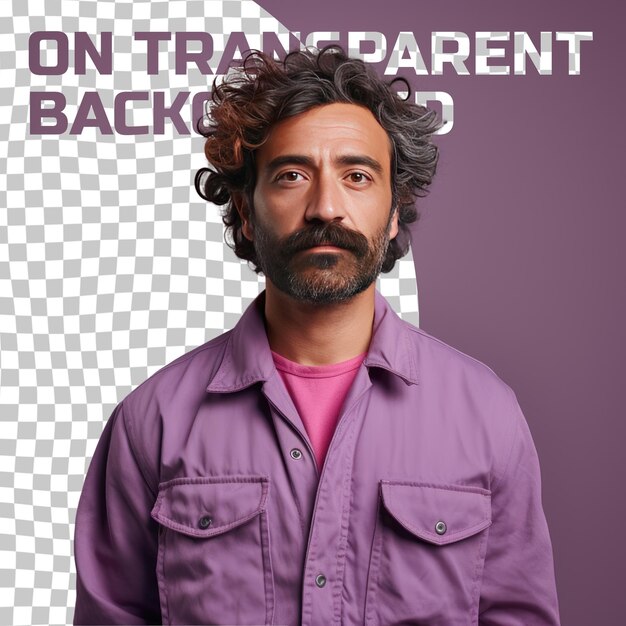 PSD a sad middle aged man with wavy hair from the south asian ethnicity dressed in electrician attire poses in a chin on hand style against a pastel lilac background