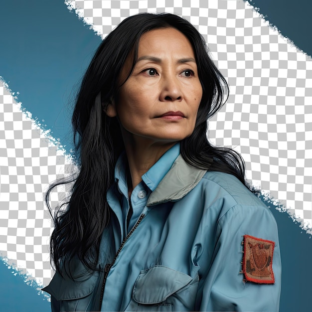 Sad middle aged postal worker southeast asian woman in jacket collar against pastel blue sky