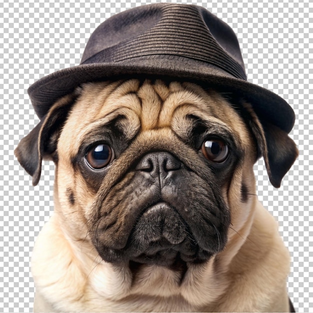 PSD sad pug dog wearing a black hat looks sadly at the on transparent background