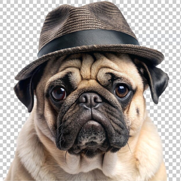 PSD sad pug dog wearing a black hat on transparent background