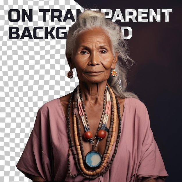 A sad senior woman with blonde hair from the aboriginal australian ethnicity dressed in making jewelry attire poses in a elegant hand on neck style against a pastel periwinkle background