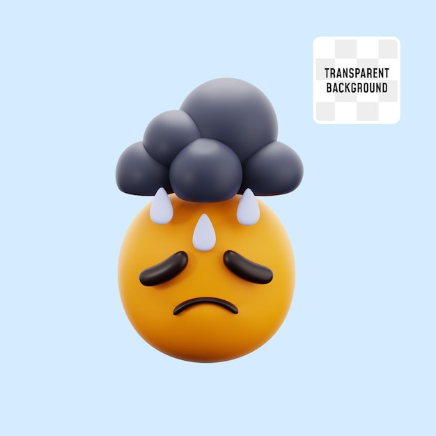 PSD sad unhappy face emotion with rain cloud for depression anxiety mental health psychology 3d icon illustration render design