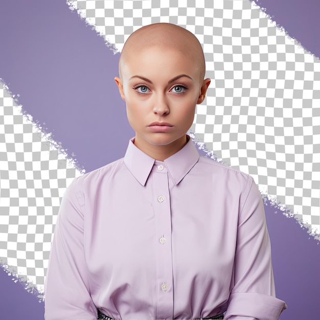 PSD a sad young adult woman with bald hair from the uralic ethnicity dressed in kindergarten teacher attire poses in a chin on hand style against a pastel lavender background