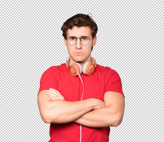 PSD sad young man using headphones