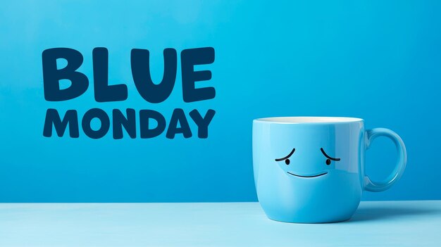 PSD sadness blue monday concept with blue cup a sad face with scarfcoffee on blue background