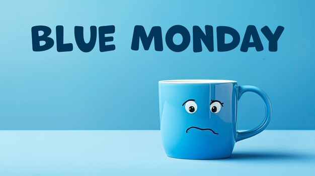 PSD tristezza lunedì blu concetto con tazza blu una faccia triste con sciarpacaffè su sfondo blu