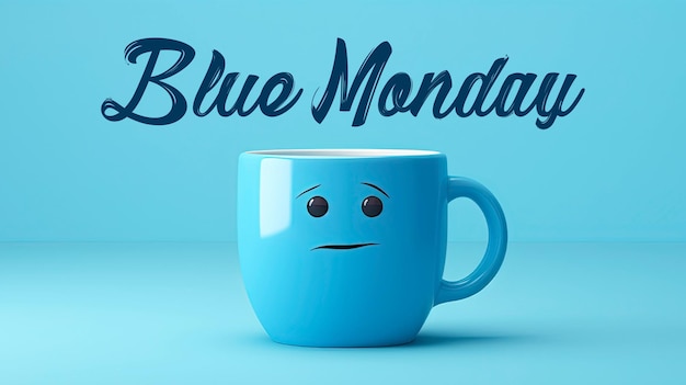 PSD sadness blue monday concept with blue cup a sad face with scarfcoffee on blue background