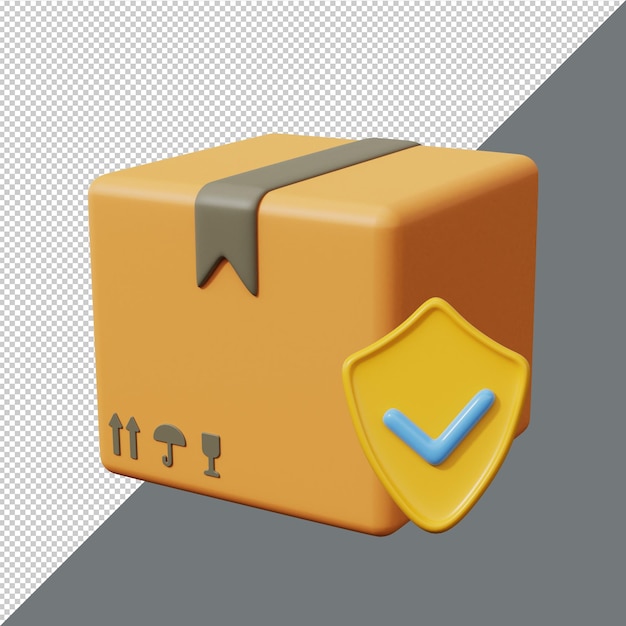 Safe delivery icon packing box with shield symbol goods delivery guarantee 3d render