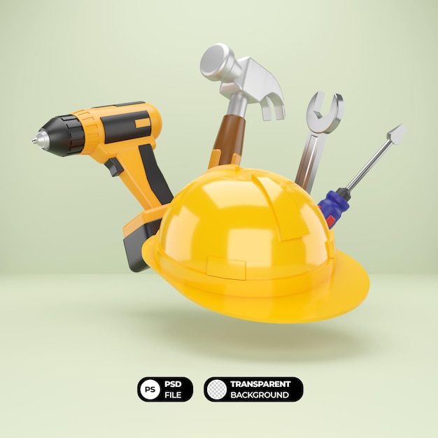 Safety helmet and construction tools 3d illustration