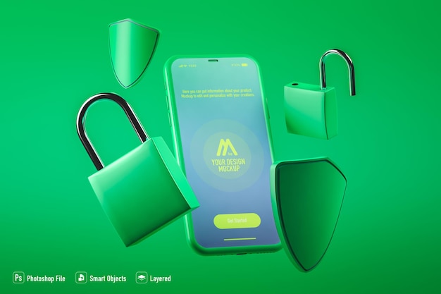 Modello di applicazione mobile di sicurezza isolato su sfondo verde