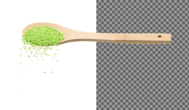 PSD sago seeds falling down from wooden spoon green grain wave floating abstract fly splash in air green sago seeds is material food white background isolated high speed shutter freeze stop motion