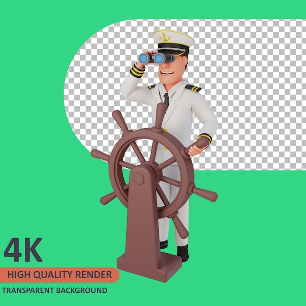 Sailor holding the steering wheel while looking with binoculars 3d rendering of character modeling