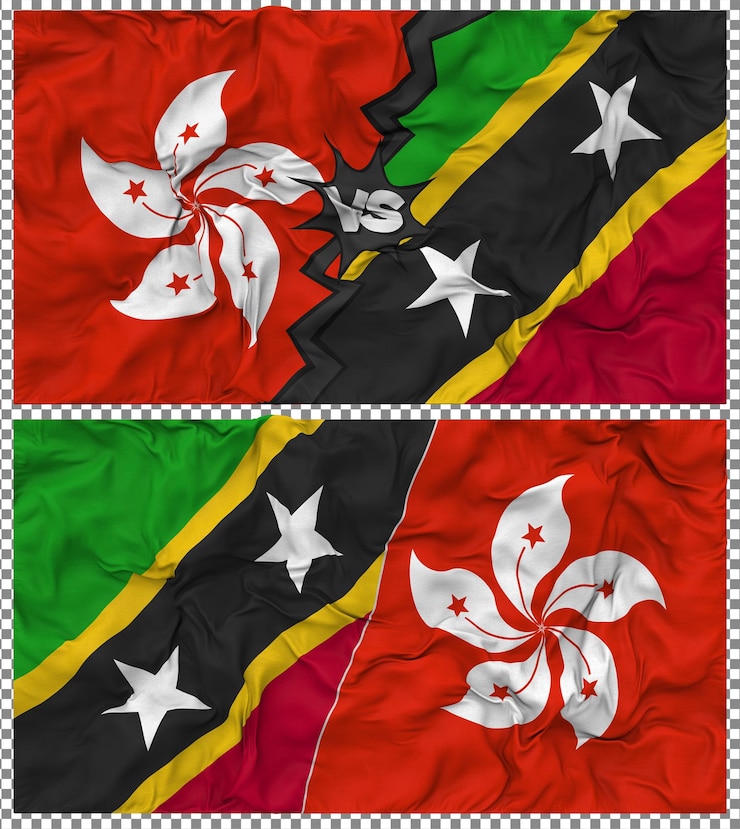 PSD saint kitts i nevis przeciwko hong kongu półkombinowana flaga tkanina bump tekstura 3d rendering