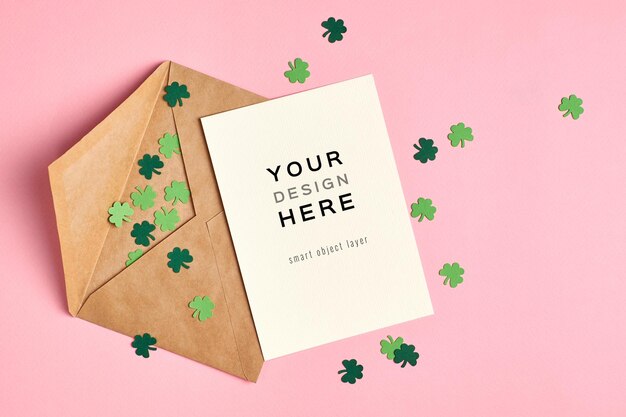 Saint patricks day invitation card mockup with paper clover leaf