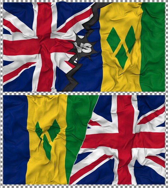 Saint Vincent en de Grenadines versus Verenigd Koninkrijk Half Combined Flag Cloth Bump Texture 3D Render