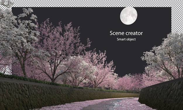 PSD 밤 클리핑 경로에 강을 따라 벚꽃 나무 절연 강에 벚꽃 나무