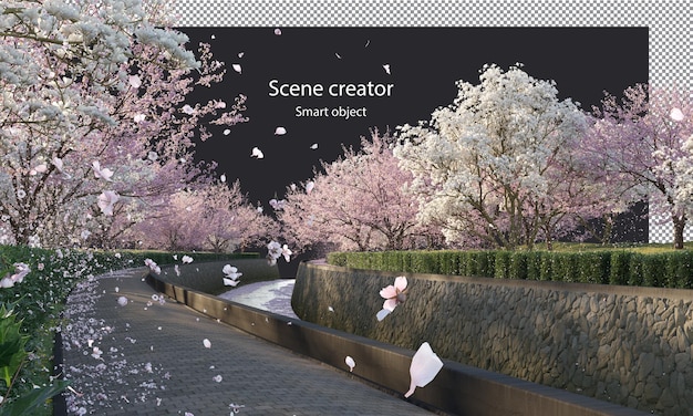 PSD sakura trees along a river clipping path cherry blossom trees on the river isolated