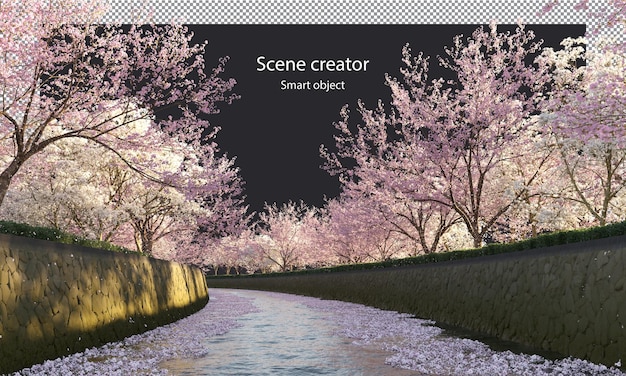 PSD sakura trees along a river clipping path cherry blossom trees on the river isolated