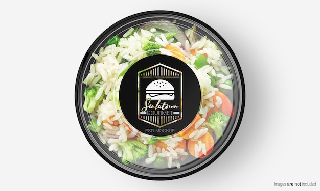 Mockup di scatola di insalata con etichetta sul riso di verdure