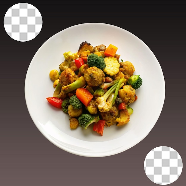 Salad of fresh vegetables and gorgonzola cheese on a transparent background