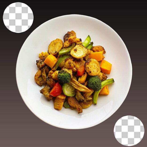 Salad of fresh vegetables and gorgonzola cheese on a transparent background