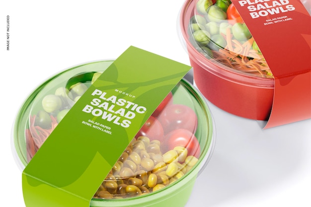 Salad paper bowls with label mockup, close up