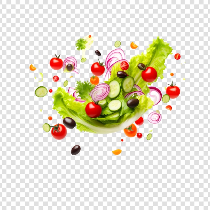 PSD salad with fresh vegetable olives tomatoes onion cheese feta and olive oil on transparent background