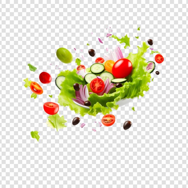PSD salade met verse groente, olijven, tomaten, ui, kaas, feta en olijfolie op een doorzichtige achtergrond