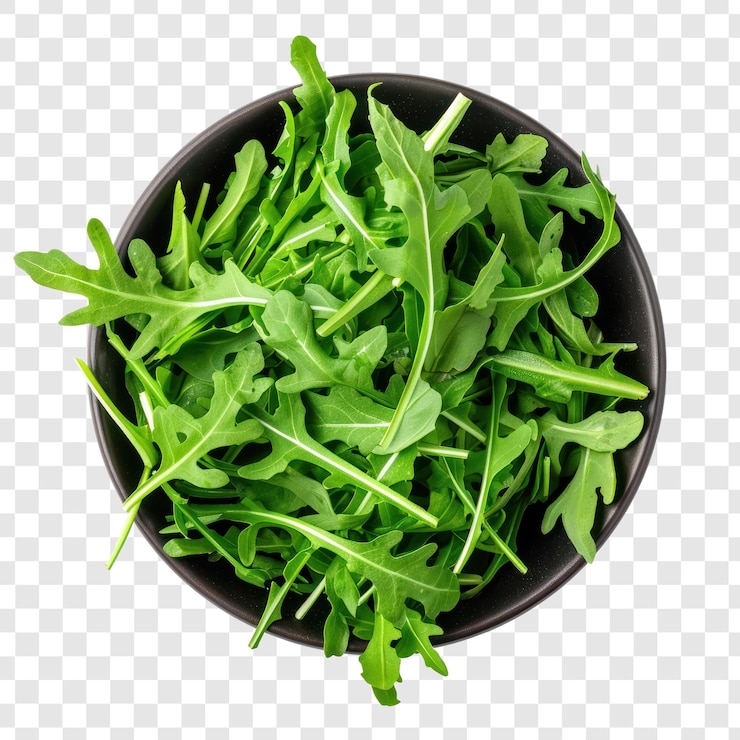 PSD sałatka arugula w misce widok z góry izolowany na przejrzystym tle